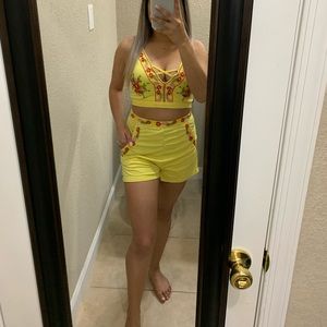 SET* Yellow Embroidered Crop-Top and Shorts